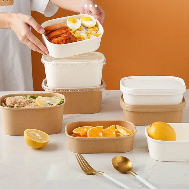 10Sets Kraft Paper Cake Box Salad Fruit Pasta Packaging Box Meal Prep Containers with Lids Picnic Party Lunch Box